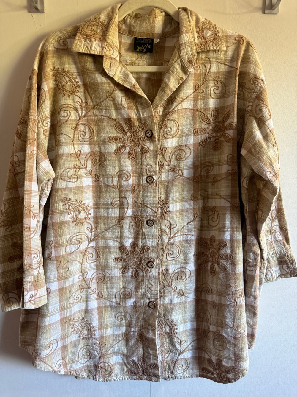 Itzyu Designs XL Embroidered Plaid 100% Cotton Tunic Shirt Boho Cottagecore
